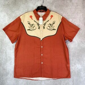 Ouku Shirt Mens XL Orange Cream Cotton Linen Western Pistol Graphic Short Sleeve